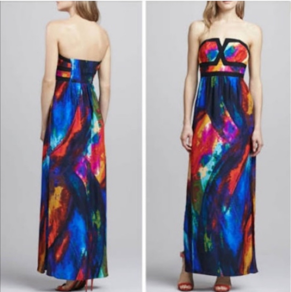 Alice & Trixie Valeria Silk Watercolor Strapless Maxi Gown Dress Small